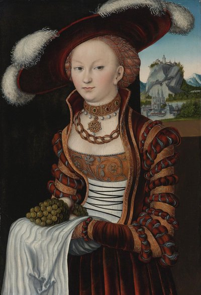 Portrait of a Young Woman Holding Grapes and Apples by Lucas Cranach the Elder